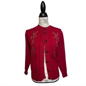 Vintage Red Cardigan with Rose Buttons & Butter Yellow Floral Embroidery‎